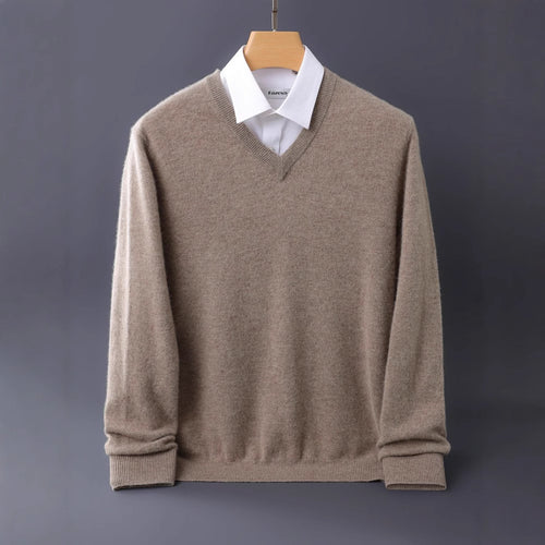 Herren Feiner V-Ausschnitt-Pullover aus Merino-Kaschmir-Mix mit gerippten Bündchen Echoarchiv