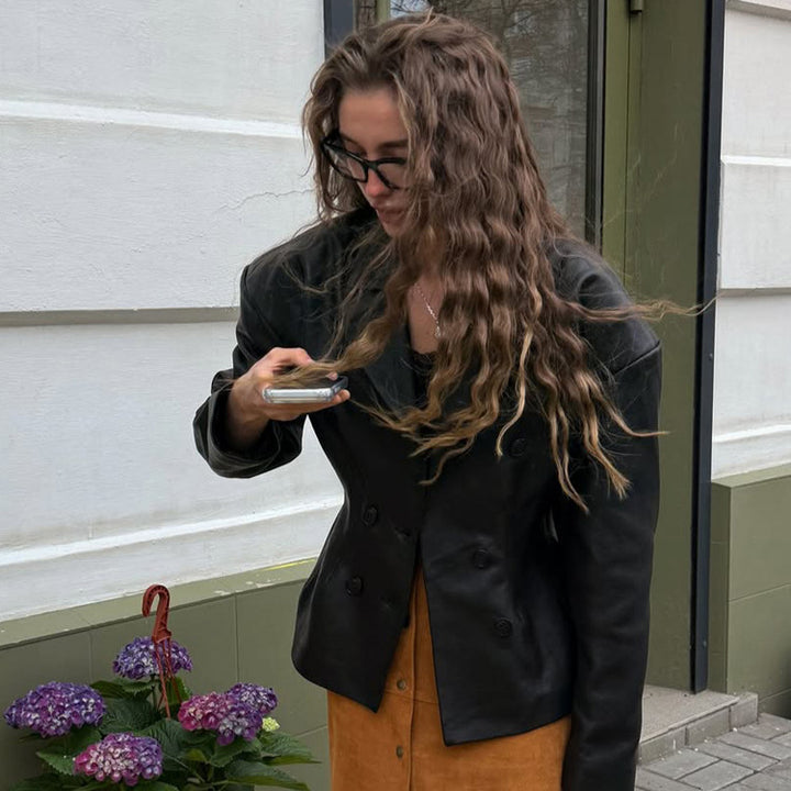 Damen Modischer Blazer-Bomber aus veganem Lederimitat mit doppeltreihiger Front Echoarchiv