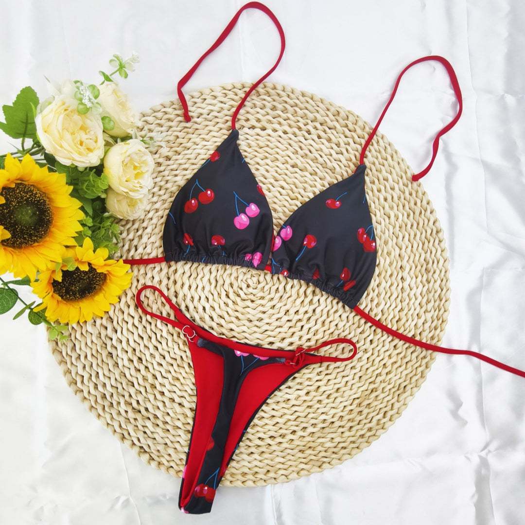 Damen Triangel-Bikini-Set mit fröhlichem Kirschmuster und verstellbaren Trägern Echo Archiv