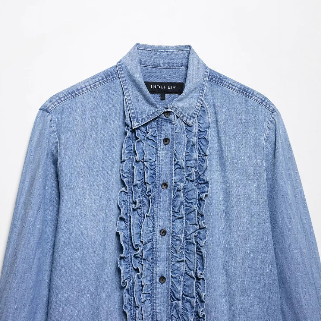 Damen nan Chambray-Bluse mit Rüschenknopfleiste, Hemdkragen und verlängertem Saum Echo Archiv