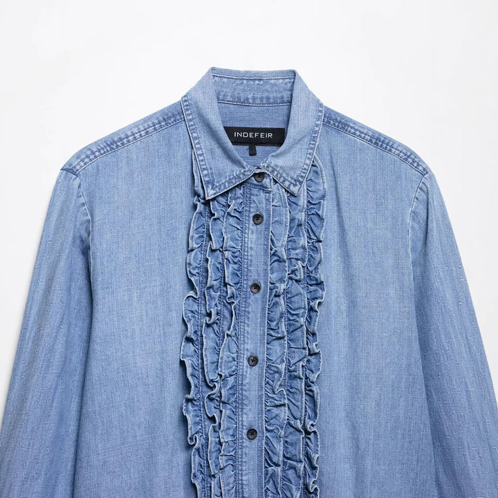 Damen nan Chambray-Bluse mit Rüschenknopfleiste, Hemdkragen und verlängertem Saum Echo Archiv