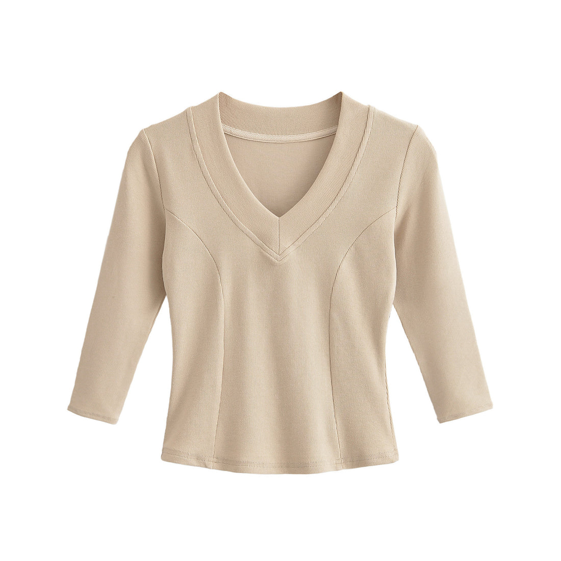 Damen Geripptes Langarmshirt mit V-Ausschnitt und taillierter Schnittführung Echoarchiv