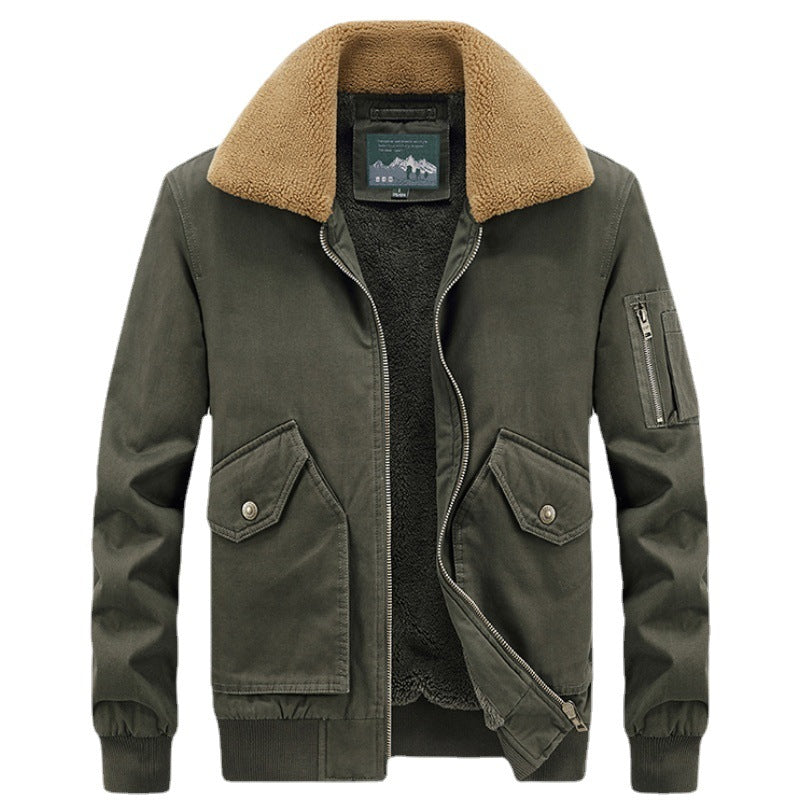 Herren Aviator-Bomberjacke aus Canvas mit Sherpa-Kragen, Teddyfutter und Multifunktionstaschen – Brevano