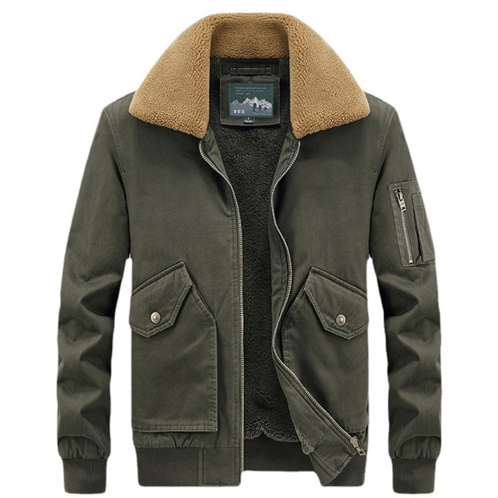 Herren Aviator-Bomberjacke aus Canvas mit Sherpa-Kragen, Teddyfutter und Multifunktionstaschen – Brevano