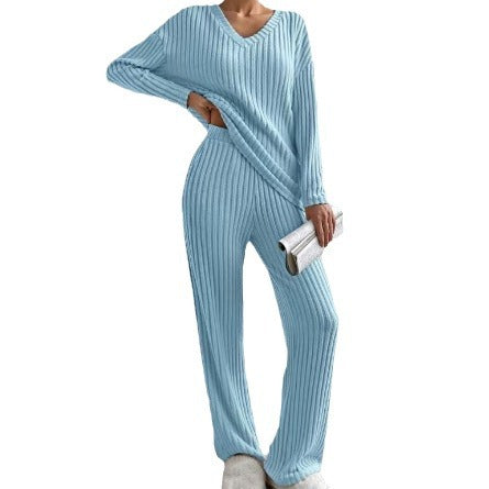 Damen Gemütliches Rippstrick-Loungewear-Set mit V-Ausschnitt und weitem Bein Echo Archiv