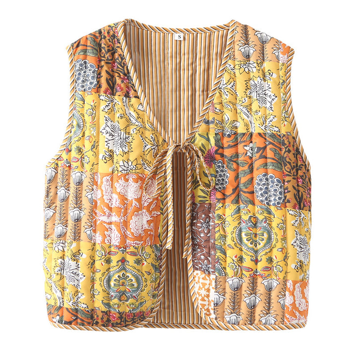 Damen nan gequiltete Patchwork-Weste mit Bindeband und V-Ausschnitt Echo Archiv