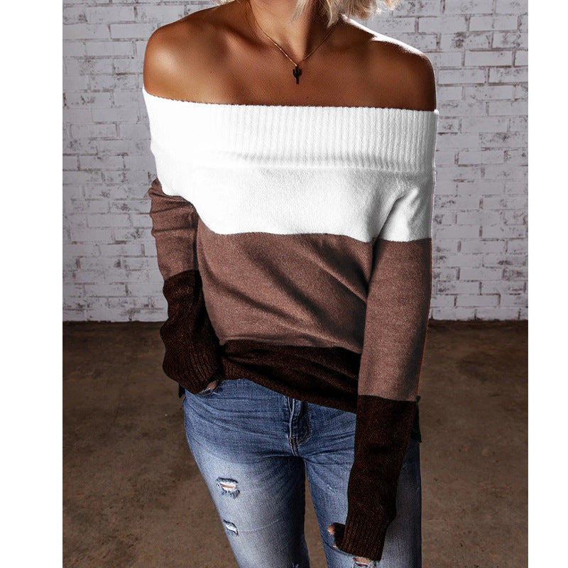 Damen Schulterfreier Colorblock-Strickpullover mit Umschlagkragen Echo Archiv
