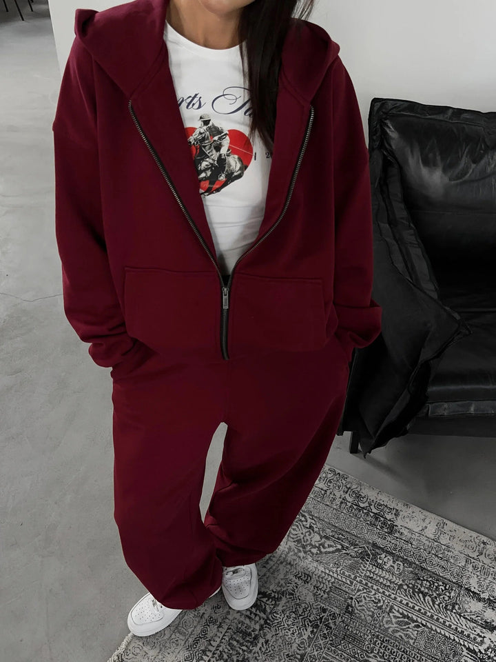 Damen lässiges Zip-Lounge-Set mit übergroßer Kapuzenjacke und taillierter Relax-Jogginghose – Auréline