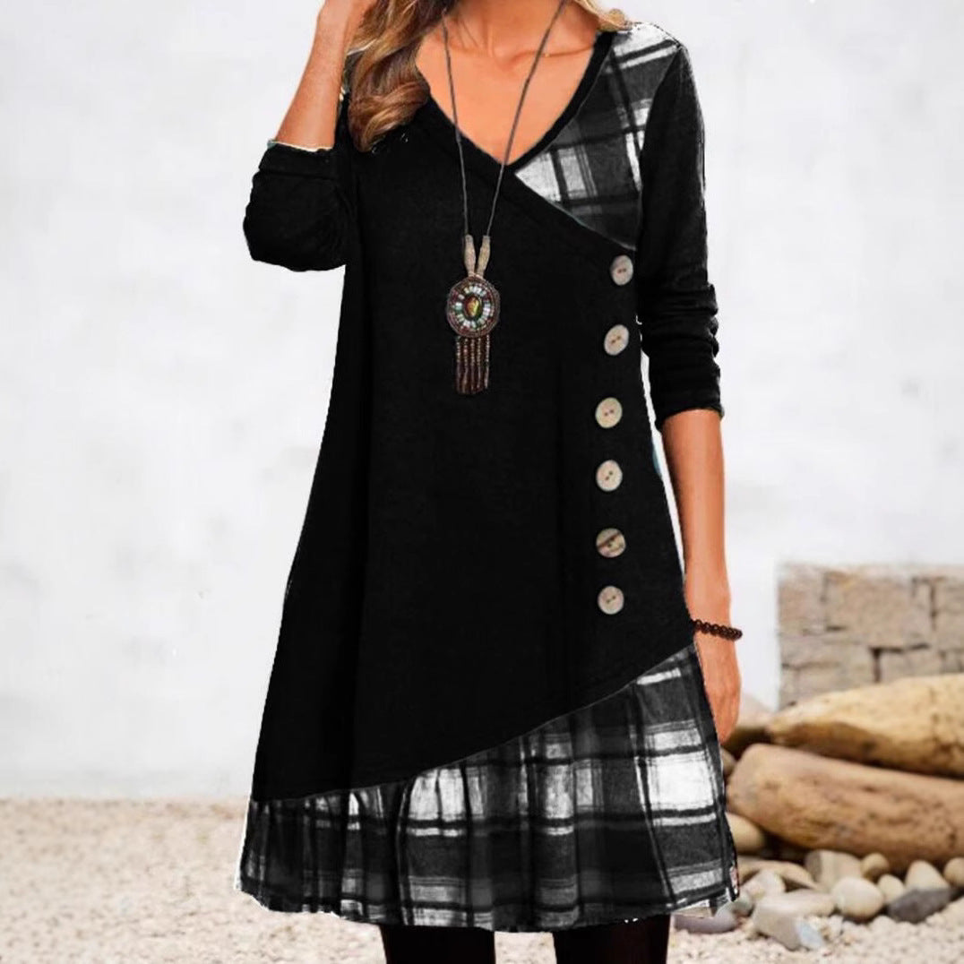 Damen nan asymmetrisches V-Ausschnitt-Tunika-Kleid mit Zierknopfleiste und Animalprint-Besatz Echo Archiv