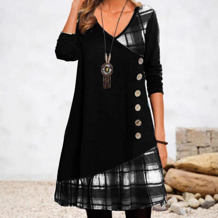 Damen nan asymmetrisches V-Ausschnitt-Tunika-Kleid mit Zierknopfleiste und Animalprint-Besatz Echo Archiv