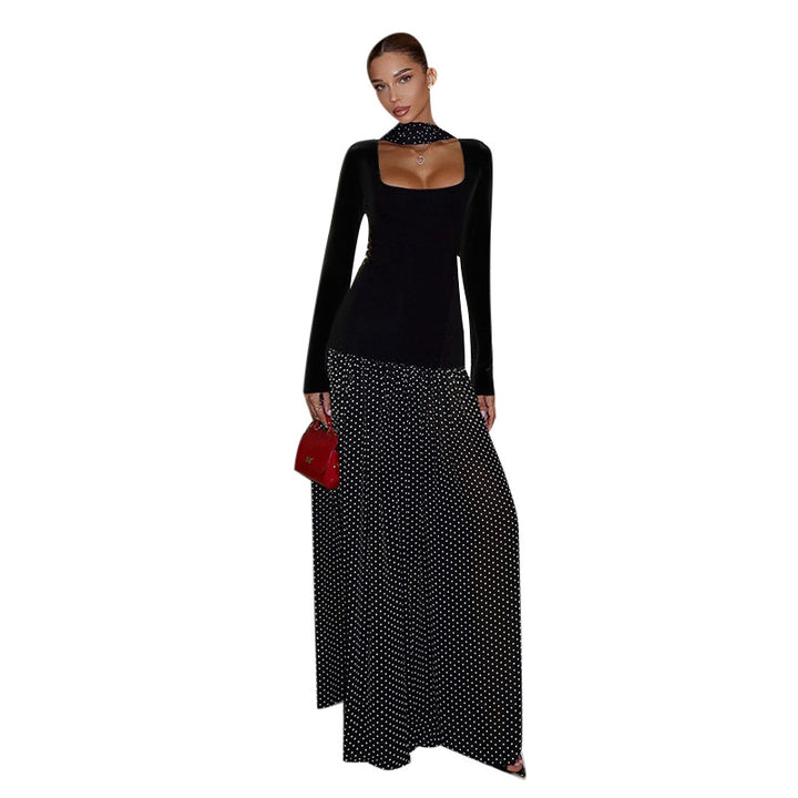 Damen Langärmeliges Maxikleid mit taillierter Silhouette, eckigem Ausschnitt und transparentem Chiffon‑Überrock – Avérine