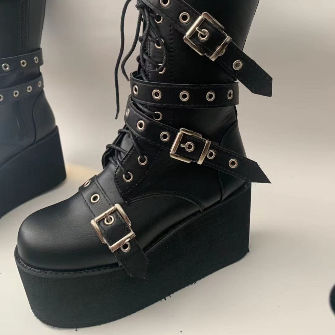 Damen plateau Combatstiefel mit Schnallen Ösen Schnürung und seitlichem Reißverschluss Echo Archiv