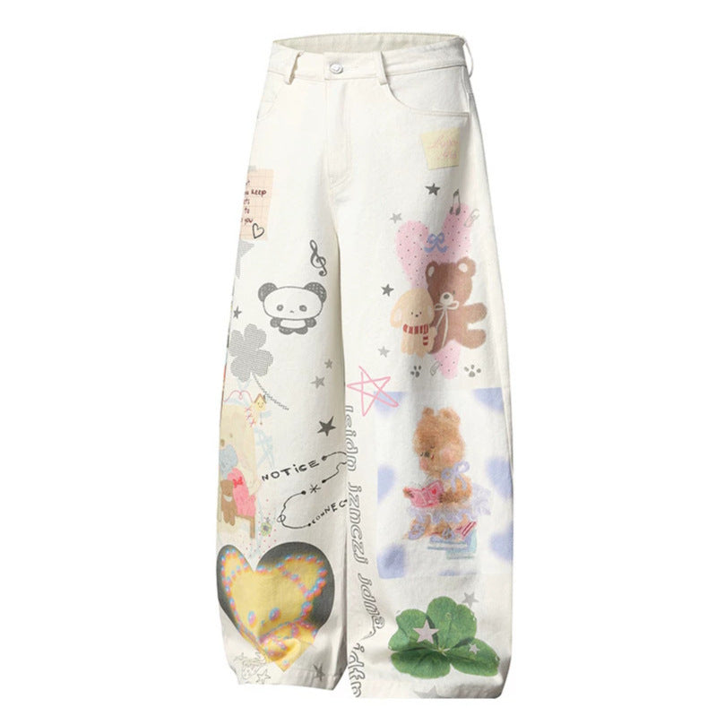Damen Weite High‑Waist Culotte-Jeans mit verspieltem Allover-Mixed-Print und elastischem Saum Echoarchiv