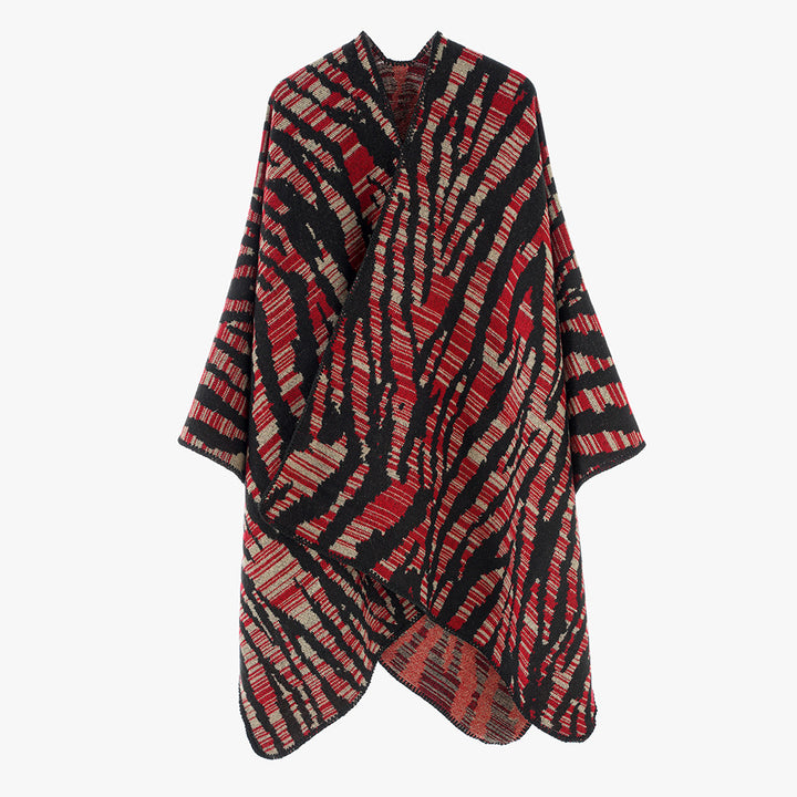 Damen Grobstrick‑Poncho im Cape‑Schnitt mit Zebra‑Jacquard und offener Kimonoärmelung – Célinea