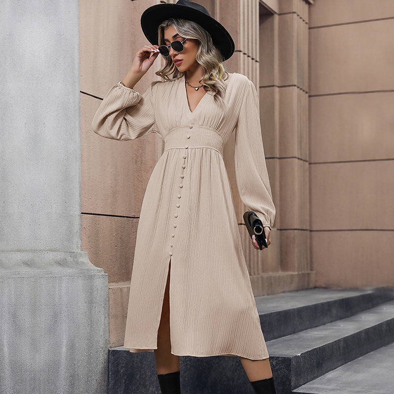 Damen Midi-Kleid mit Knopfdetails und V-Ausschnitt Echo Archiv