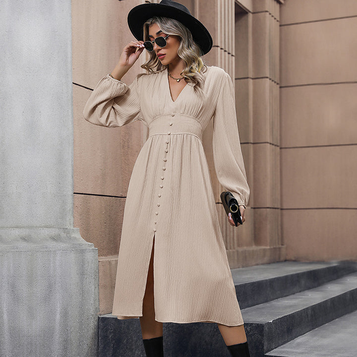 Damen Midi-Kleid mit Knopfdetails und V-Ausschnitt Echo Archiv