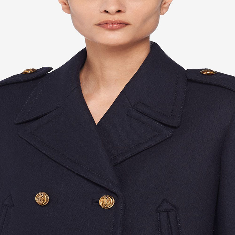 Damen Doppelreihiger militärinspirierter Maxi‑Wollmantel mit Epauletten und Zierriegeln Echoarchiv