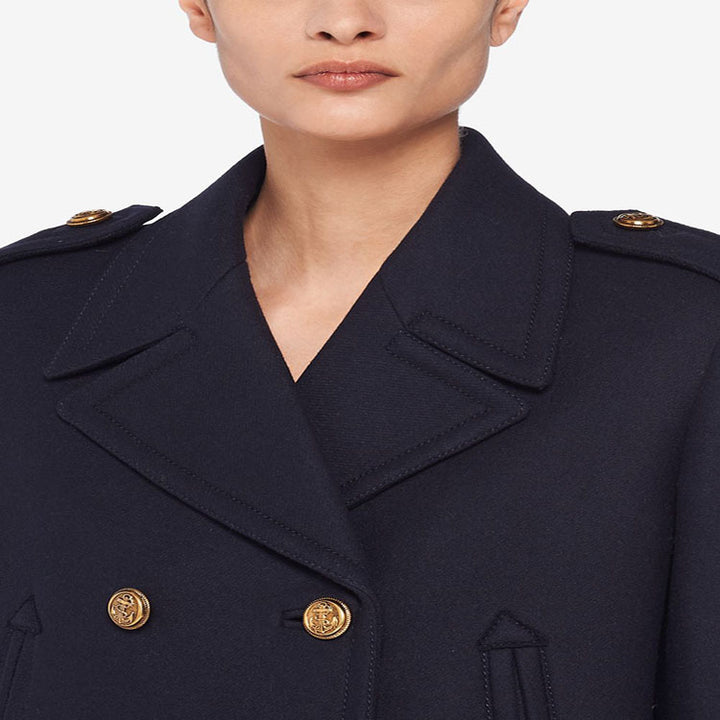 Damen Doppelreihiger militärinspirierter Maxi‑Wollmantel mit Epauletten und Zierriegeln Echoarchiv
