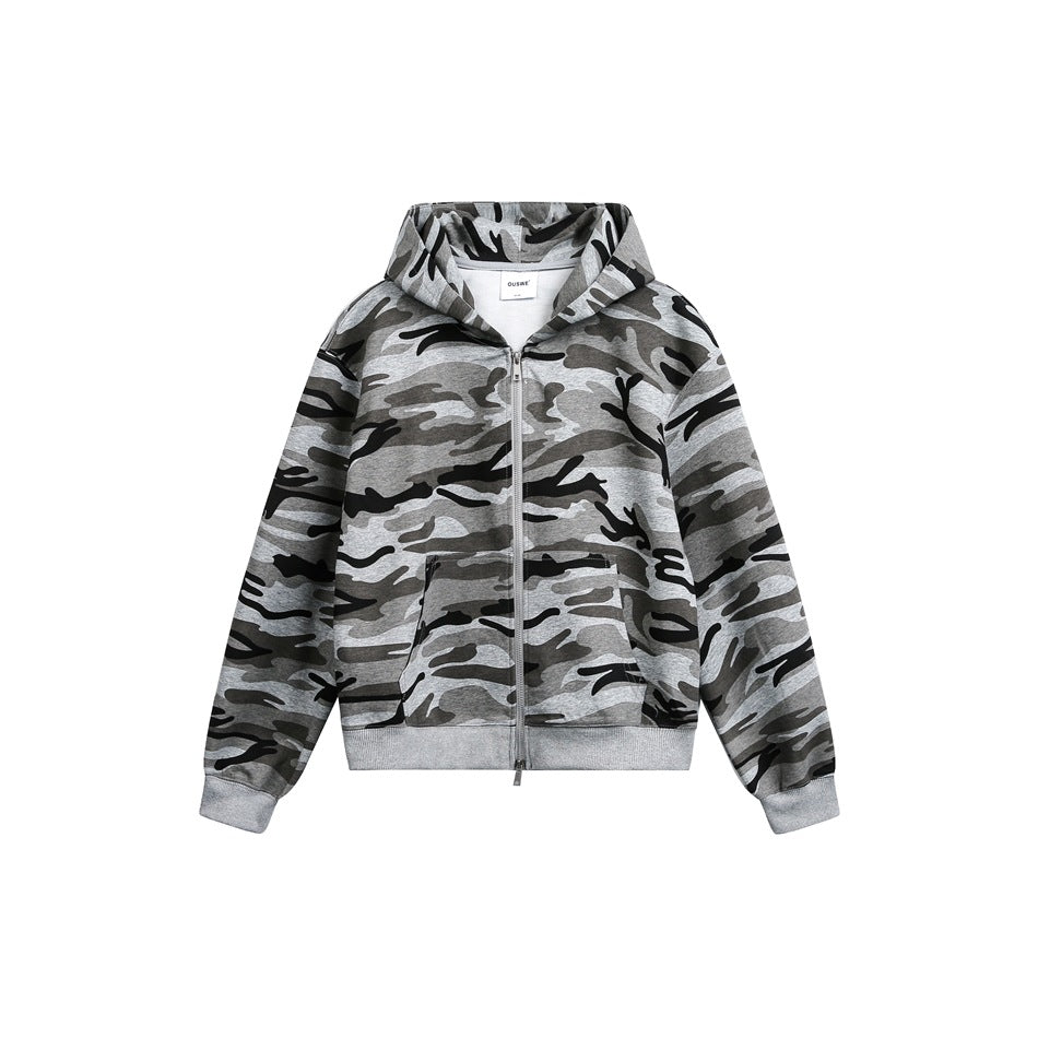 Unisex Oversize-Kapuzenjacke mit durchgehendem Reißverschluss und Camouflage-Print Echoarchiv