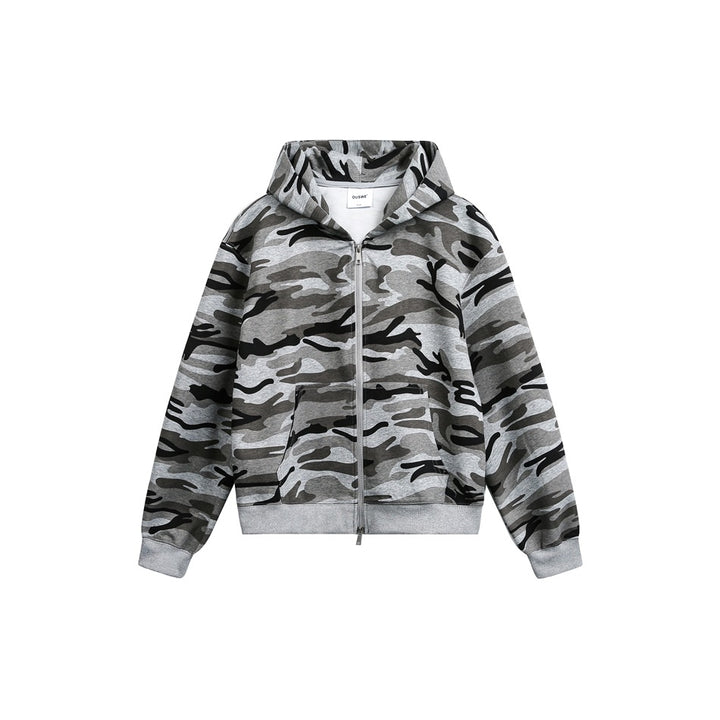 Unisex Oversize-Kapuzenjacke mit durchgehendem Reißverschluss und Camouflage-Print Echoarchiv