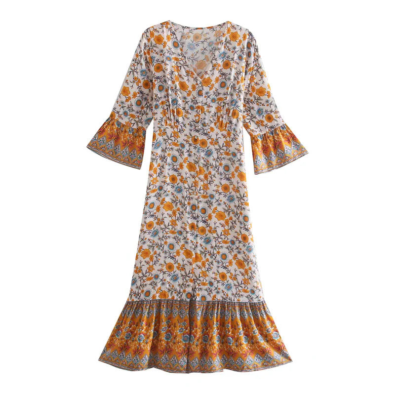 Damen Boho-Maxikleid mit V-Ausschnitt, taillierten Abnähern und Volantärmeln Echoarchiv