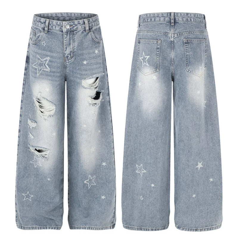 Damen Weite Distressed Palazzo-Jeans mit Stern-Stickerei Echoarchiv