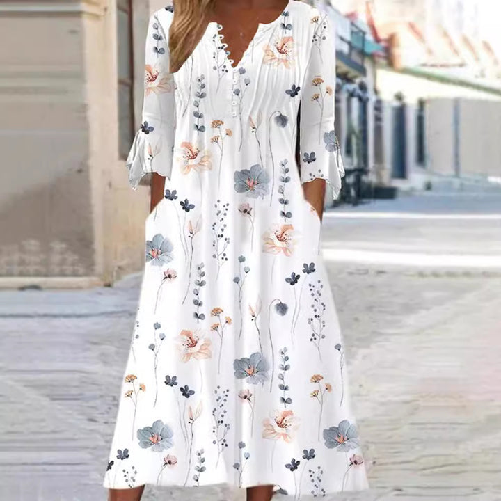 Damen nan fließendes Maxikleid mit V-Ausschnitt, Brustpasse, Volantärmeln und Eingrifftaschen Echo Archiv