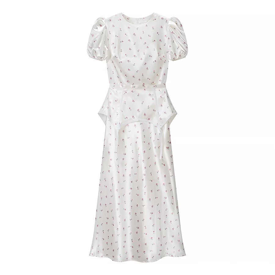 Damen Midikleid aus Satin mit Puffärmeln, integrierter Korsagen-Peplum und zartem Blumenprint Echo Archiv