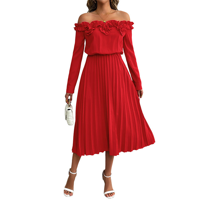Damen Elegantes Off-Shoulder Plissee Kleid Echo Archiv