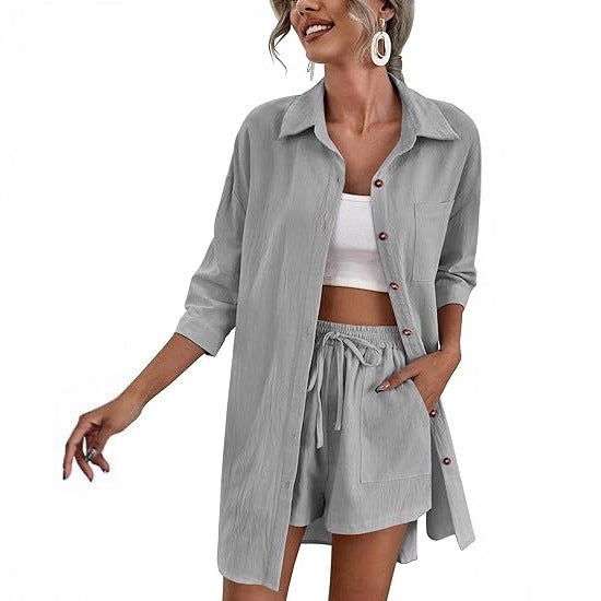 Damen Leichtes Longline-Hemdjacken-Set mit elastischer High-Waist-Shorts – Élanora