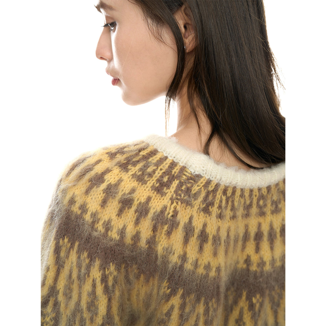 Damen Rundhals-Pullover mit Norweger-Jacquard und Mohair-Optik Echoarchiv