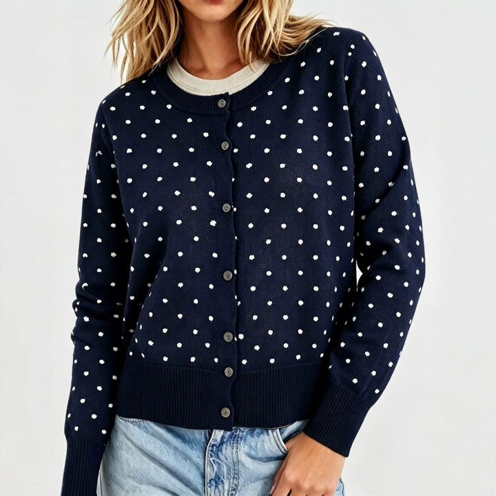 Damen Gepunktete Feinstrick-Cardigan mit Rundhals und Rippbündchen – Veloura