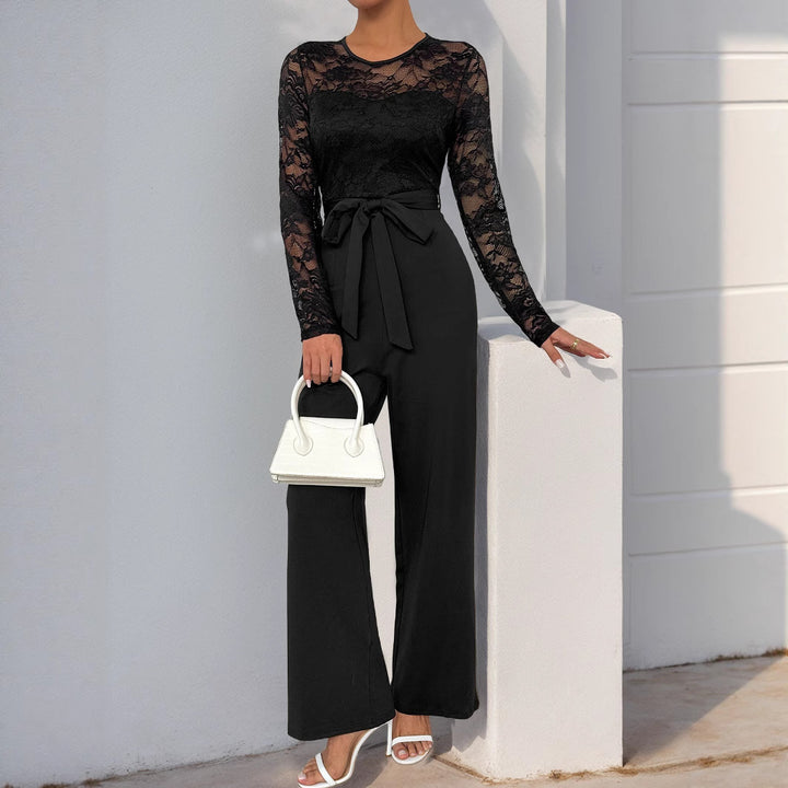 Damen Eleganter Jumpsuit mit transparentem Spitzentop, taillenbetonter Bindeschärpe & weitem Palazzo‑Bein Echoarchiv