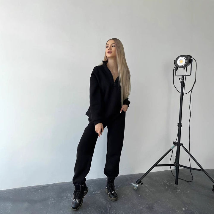 Damen Cropped-Sweatshirt-Set mit hohem Kragen und High-Waist-Jogginghose Echoarchiv