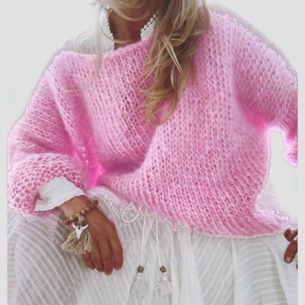 Damen Kurzgeschnitteter flauschiger Grobstrickpullover mit überschnittener Schulter – Mavelle