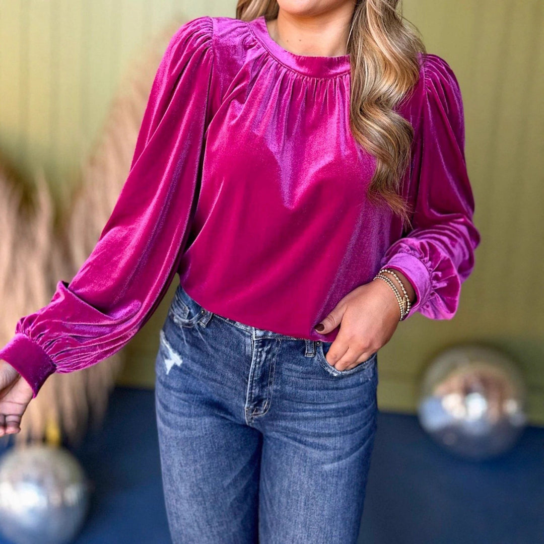 Damen Samtbluse mit Ballonärmeln und gerafftem Stehkragen – Élovi