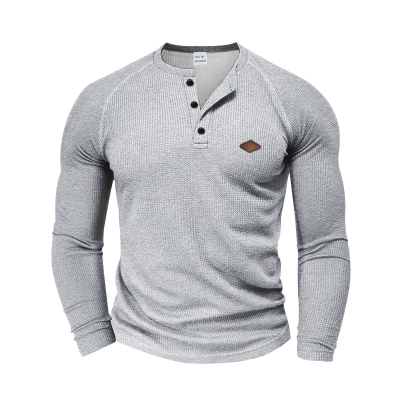 Herren langärmliges Henley-T-Shirt mit strukturiertem Gewebe und modischem Knopfdesign Echoarchiv