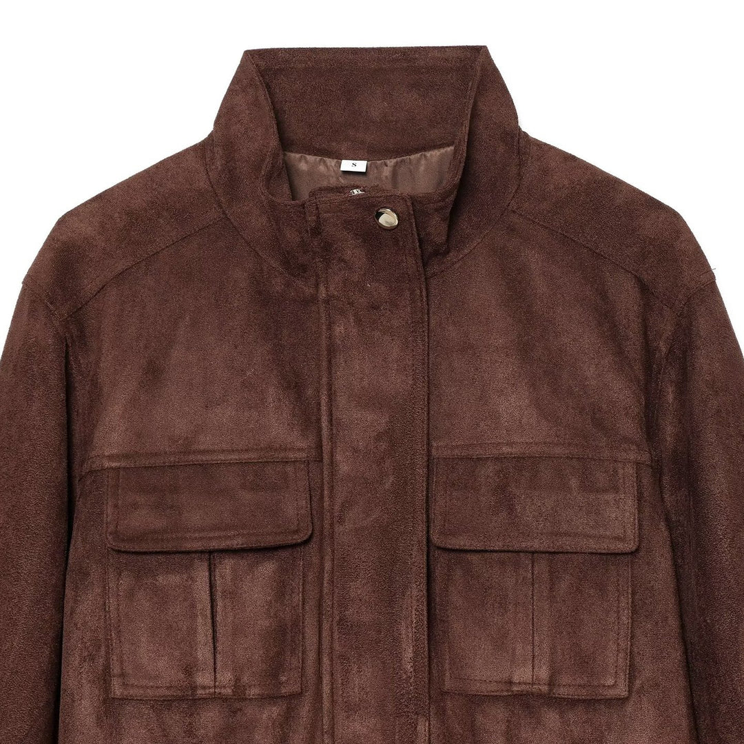 Damen Kurzjacke im Fieldstyle aus Veloursleder‑Optik mit Stehkragen, Brusttaschen und Tunnelzug Echoarchiv