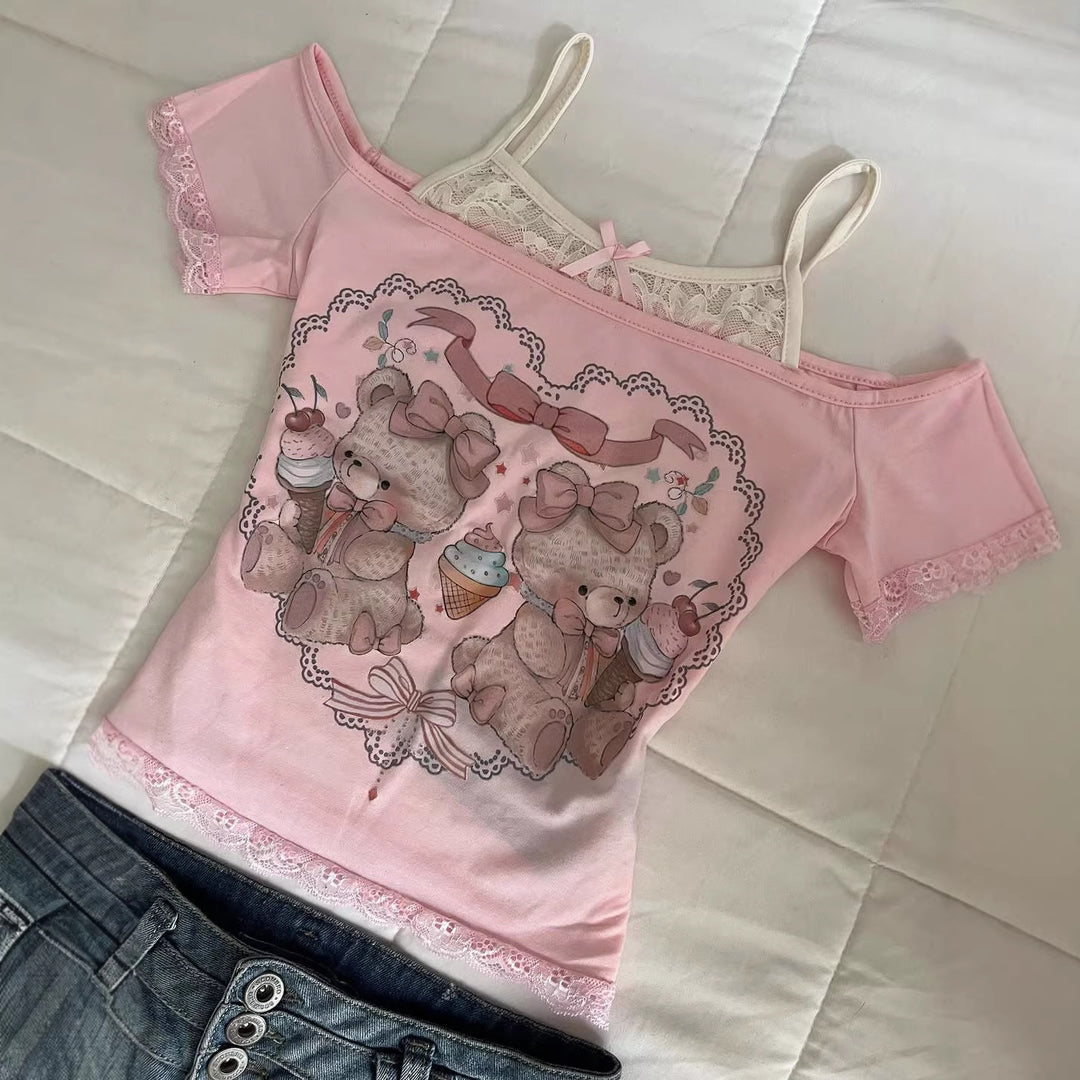 Damen Verspieltes T-Shirt mit Spitzenapplikationen und süßem Bärenmotiv Echo Archiv