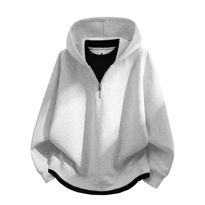 Unisex Oversize-Halbzip-Kapuzenpullover mit Lagen‑Optik, gerundetem Saum & gerippten Bündchen Echoarchiv