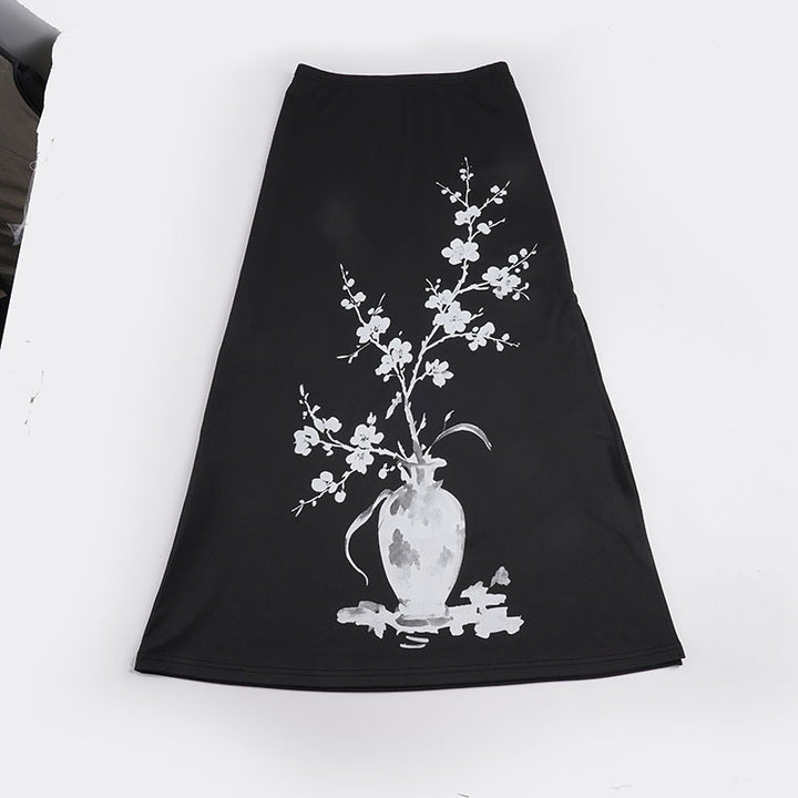 Damen nan ausgestellter Maxi-Rock mit A-Linien-Schnitt, elastischem Bund und floraler Aquarell-Vasen-Print Echo Archiv