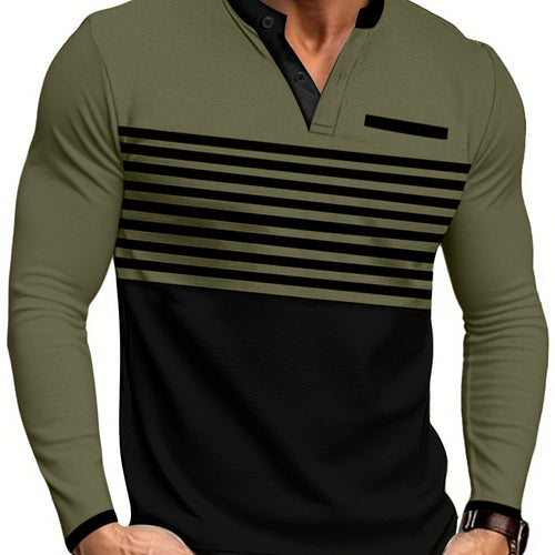 Herren nan modernes Langarm-Polo mit Henley-Blende gestreifter Brustpartie und Stehkragen Echo Archiv