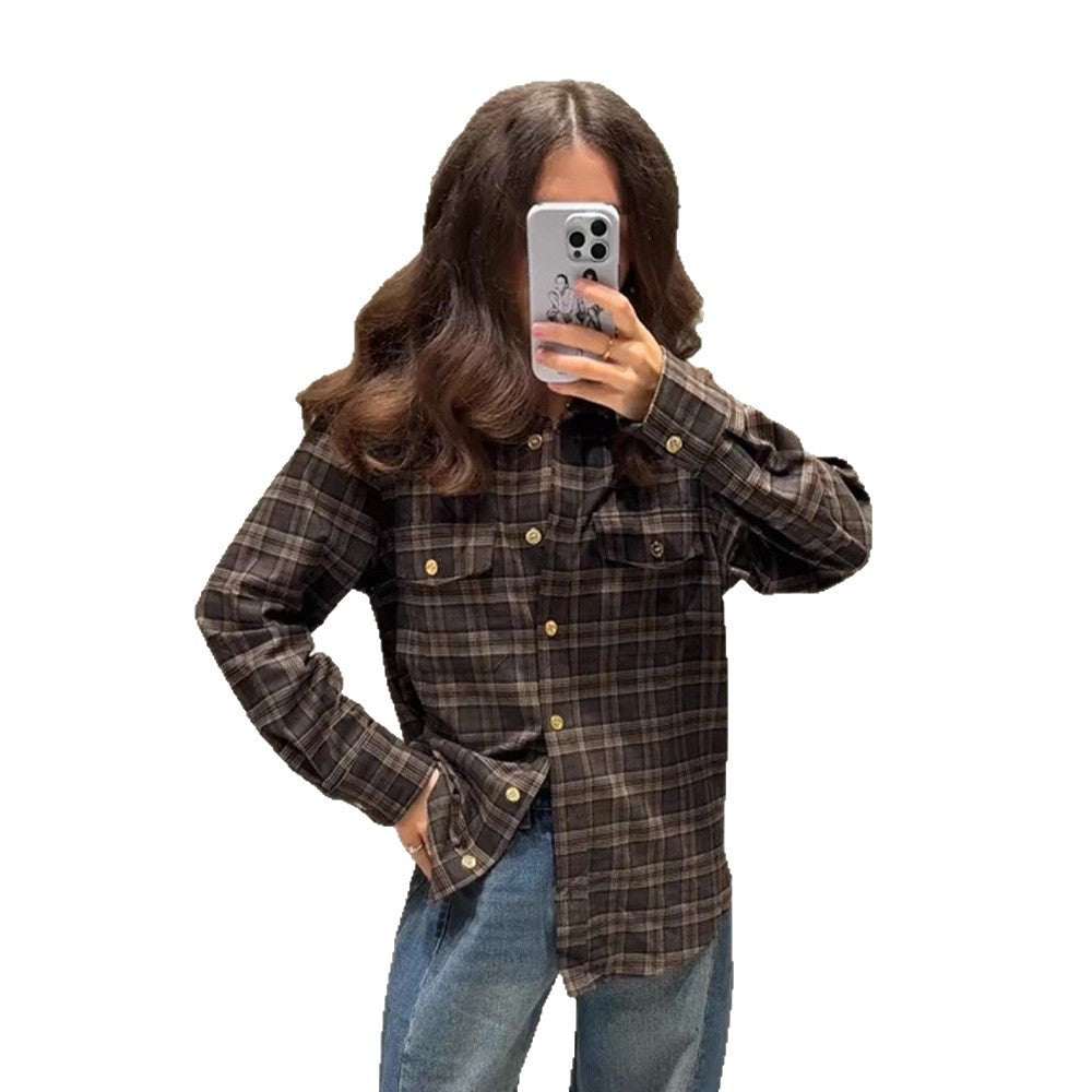 Damen Kariertes Overshirt mit Brusttaschen und goldenen Druckknöpfen Echoarchiv