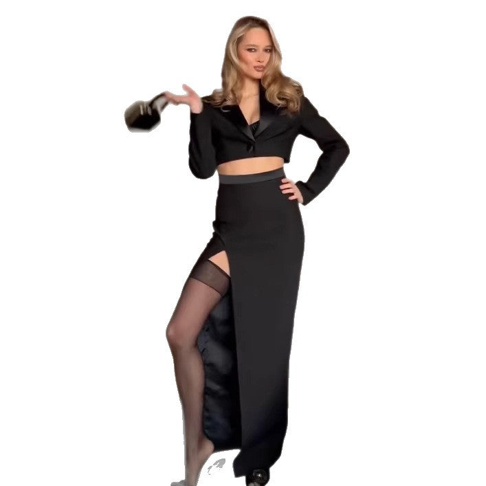Damen Zweiteiliges Cropped-Blazer- und Maxirock-Set mit hoher Taille und hohem Beinschlitz Echoarchiv