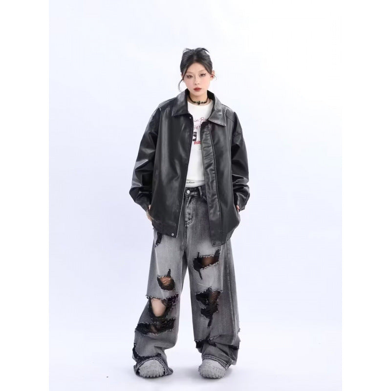 Damen Oversized Kunstleder-Blouson mit elastischem Saum und Hemdkragen Echoarchiv