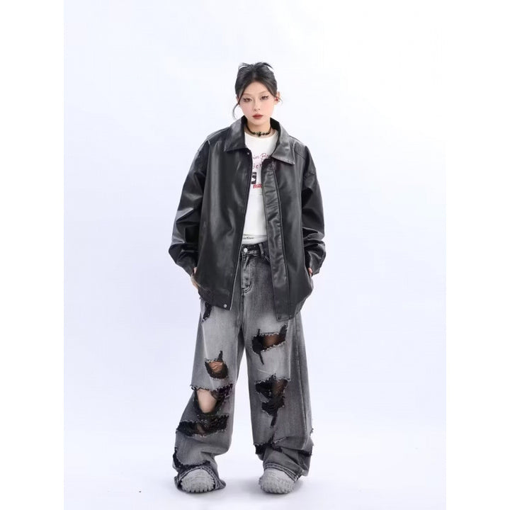 Damen Oversized Kunstleder-Blouson mit elastischem Saum und Hemdkragen Echoarchiv