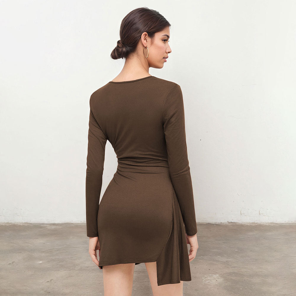 Damen asymmetrisches Wickel-Minikleid mit V-Ausschnitt und seitlicher Raffung – Élara