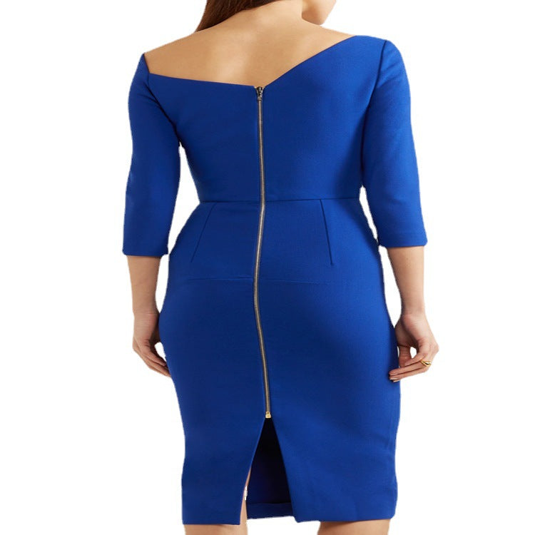 Damen Figurbetontes Bleistiftkleid mit schulterfreiem Carmenkragen und dreiviertelärmeln Echoarchiv
