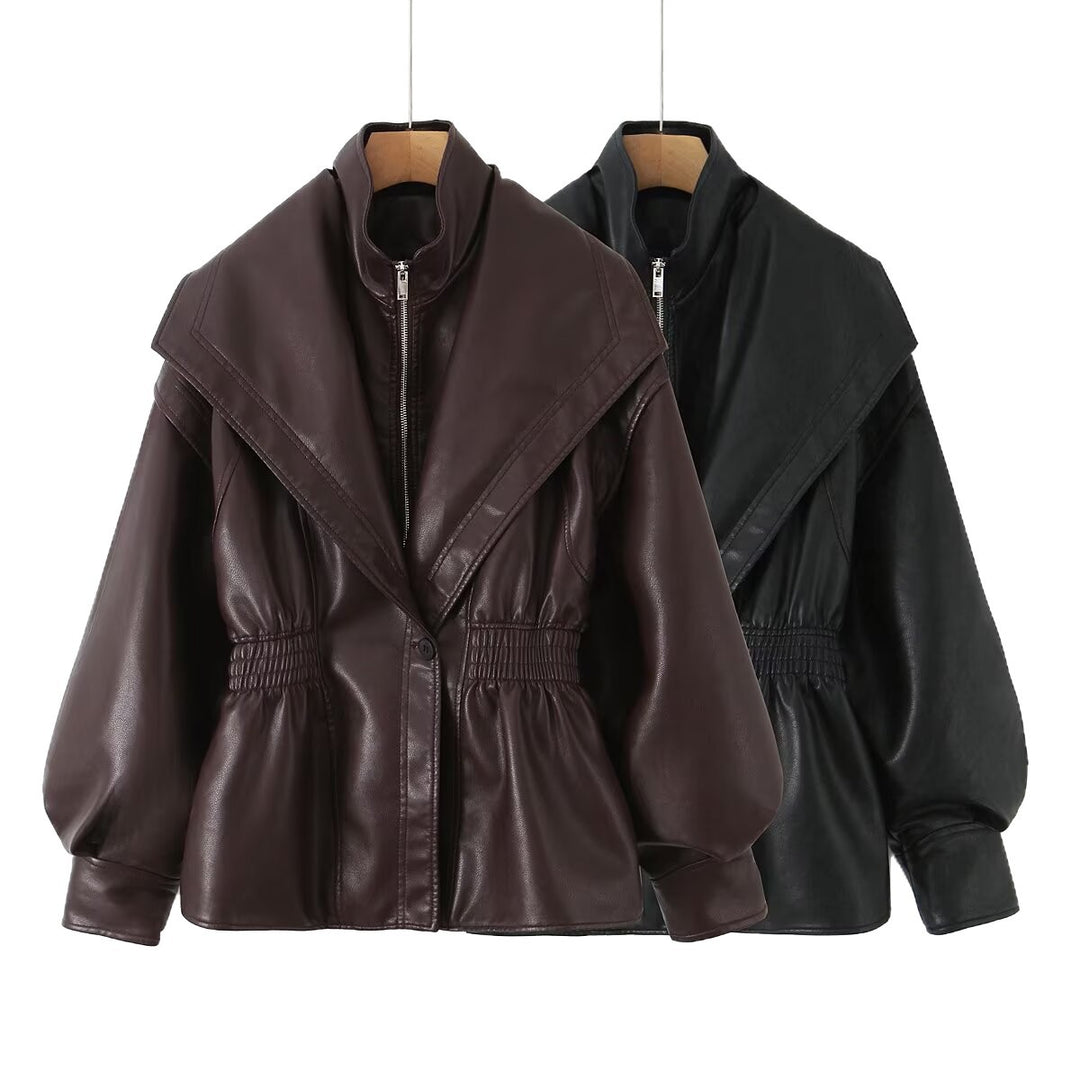 Damen Kunstlederjacke mit XXL-Schalkragen, Taillengummierung und Ballonärmeln Echo Archiv