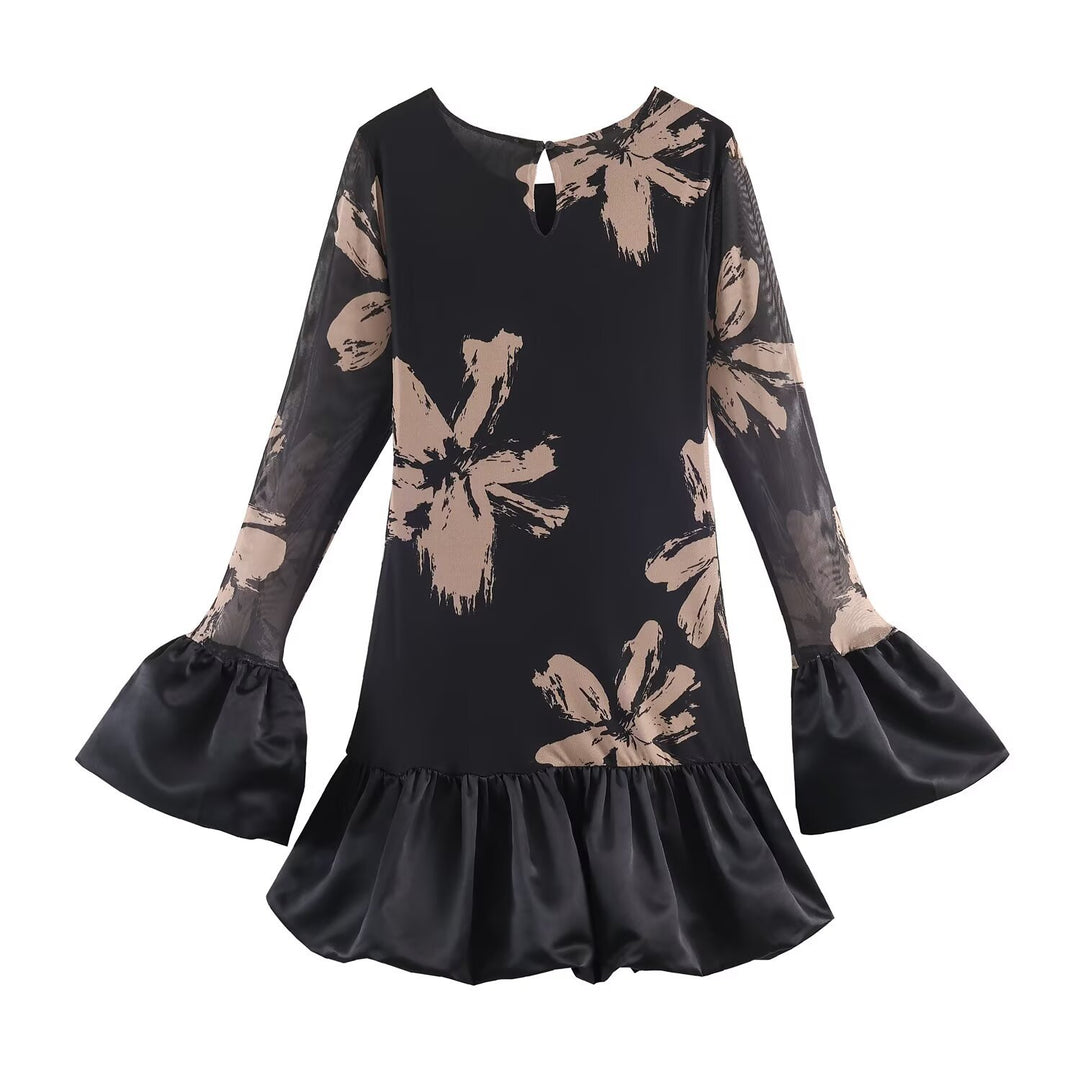 Damen Kurzes A-Linien-Kleid mit Blumenprint, transparenten Trompetenärmeln und Satinvolant Echoarchiv